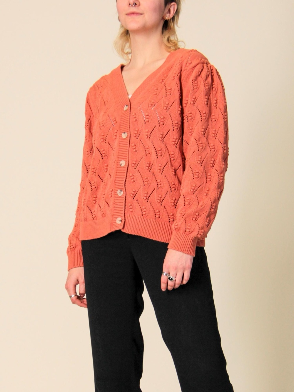 Brass Womens Bobble Pointelle Stitch Cardigan Summer Peach Size Medium